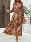 MQTIME  -  Smocked Printed V-Neck Flounce Sleeve Dress
