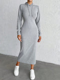 MQTIME  -  Drawstring Long Sleeve Hooded Midi Dress