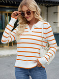 MQTIME  -  Striped Johnny Collar Long Sleeve Sweater