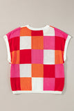 MQTIME  -  Contrast Plaid Round Neck Cap Sleeve Sweater