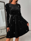 MQTIME  -  Glitter Round Neck Puff Sleeve Dress