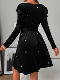 MQTIME  -  Glitter Round Neck Puff Sleeve Dress
