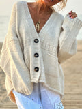 MQTIME  -  Pocketed V-Neck Button Up Cardigan