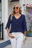 MQTIME  -  Ruffled V-Neck Three-Quarter Sleeve Blouse