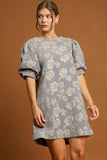 MQTIME  -  Umgee Floral Jacquard Puff Sleeve Mini Dress