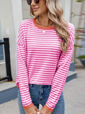 MQTIME  -  Striped Contrast Round Neck Long Sleeve Sweater