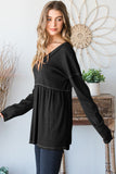 MQTIME  -  Full Size V-Neck Long Sleeve Ribbed Babydoll Top