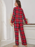 MQTIME  -  Plaid Collared Neck Long Sleeve Top and Pants Lounge Set