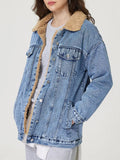 MQTIME  -  Button Up Collared Neck Plush Denim Jacket