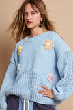 MQTIME  -  POL Crochet Flower Round Neck Dropped Shoulder Sweater