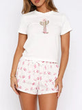 MQTIME  -  Printed Round Neck Short Sleeve Top and Drawstring Shorts Set