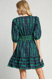 MQTIME  -  Ribbon Print Frill Contrast Velvet Trim Half Sleeve Dress