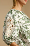 MQTIME  -  Umgee Floral Pleated Detail Lace Trim Sleeve Blouse