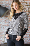 MQTIME  -  Full Size Snakeskin Print Round Neck Lace Contrast Top