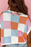 MQTIME  -  Contrast Plaid Round Neck Cap Sleeve Sweater