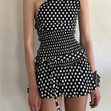 MQTIME  -  Women Y2K Bubble Skirt Low Waist Plaid/Dots Print Summer Mini Skirt Clubwear with Belt