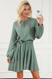 MQTIME  -  Round Neck Long Sleeve Tie Waist Dress
