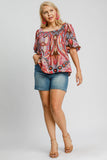 MQTIME  -  Umgee Full Size Abstract Print Smocked Square Neck Puff Sleeve Blouse