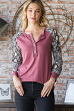 MQTIME  -  Heimish Full Size Snakeskin Print Raglan Sleeve Half Button Top