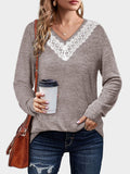 MQTIME  -  Lace Detail V-Neck Long Sleeve T-Shirt