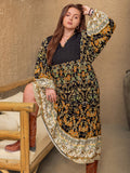 MQTIME  -  Plus Size Floral V-Neck Balloon Sleeve Midi Dress