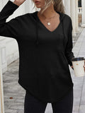 MQTIME  -  Drawstring Waffle Knit Long Sleeve Hooded Top