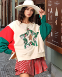 MQTIME  -  Color Block Star Side Slit Lantern Sleeve Sweatshirt