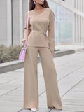 MQTIME  -  V-Neck Long Sleeve Top and Drawstring Pants Sweater Set