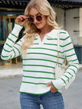 MQTIME  -  Striped Johnny Collar Long Sleeve Sweater
