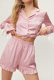 MQTIME  -  Basic Bae Tied Cuff Collared Neck Top and Frill Shorts Lounge Set