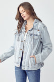 MQTIME  -  Full Size Distressed Drawstring Hooded Denim Jacket