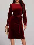 MQTIME  -  Round Neck Tie Waist Long Sleeve Velvet Dress