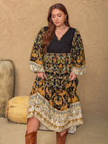 MQTIME  -  Plus Size Floral V-Neck Balloon Sleeve Midi Dress