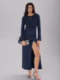 MQTIME  -  Split Round Neck Long Sleeve Midi Dress