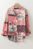MQTIME  -  Patchwork Printed Notched Flounce Sleeve Shirt