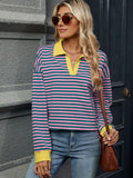 MQTIME  -  Striped Johnny Collar Long Sleeve Sweatshirt