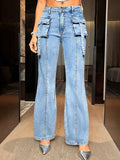 MQTIME  -  Mid Rise Straight Jeans with Cargo Pockets