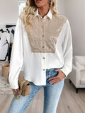 MQTIME  -  Perfee Sequin Contrast Collared Neck Long Sleeve Shirt
