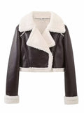 MQTIME  -   Collared Neck Long Sleeve Plush Cropped Jacket