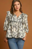 MQTIME  -  Umgee Ruffled Tie Neck Puff Sleeve Babydoll Blouse