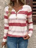 MQTIME  -  Contrast Striped V-Neck Long Sleeve T-Shirt