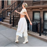 MQTIME  -  Casual Lace Patchwork Elastic Waist Trouser Women Chic High-waisted Lace-up Loose Wide-leg Ninth Pants Lady Street Trousers