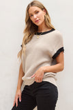 MQTIME  -  Contrast Trim Round Neck Cap Sleeve Knit Top