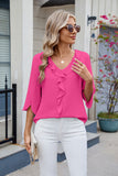 MQTIME  -  Ruffled V-Neck Three-Quarter Sleeve Blouse
