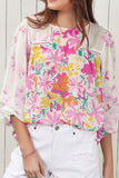 MQTIME  -  Floral Round Neck Flounce Sleeve Blouse