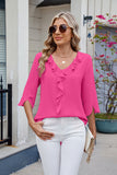 MQTIME  -  Ruffled V-Neck Three-Quarter Sleeve Blouse