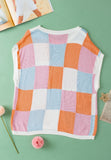 MQTIME  -  Contrast Plaid Round Neck Cap Sleeve Sweater