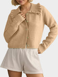 MQTIME  -  Frill Button Up Collared Neck Long Sleeve Cardigan