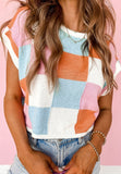 MQTIME  -  Contrast Plaid Round Neck Cap Sleeve Sweater