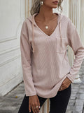 MQTIME  -  Drawstring Waffle Knit Long Sleeve Hooded Top